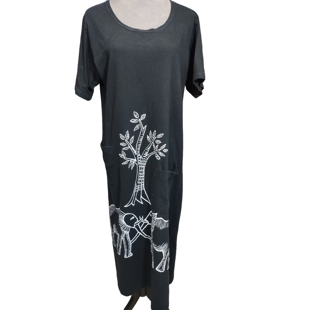 Tip Top Maxi Shirt Dress Elephant Safari Black Asymmetrical Pockets Womens Large